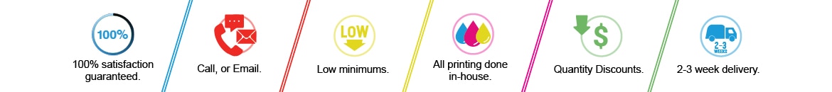 Custom printed items printed in house. Low minimums. 2-3 weeks.